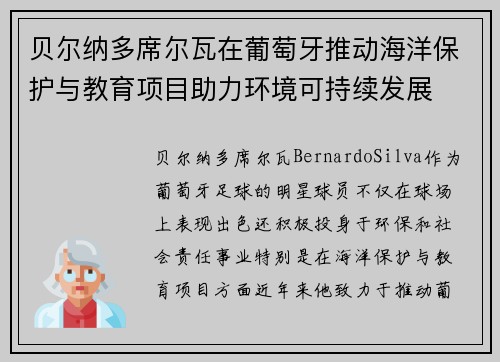 贝尔纳多席尔瓦在葡萄牙推动海洋保护与教育项目助力环境可持续发展